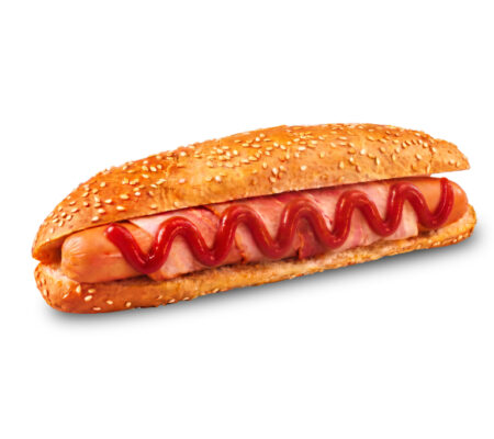 Amerikāņu hotdogs ar siera-bekona desiņu baltā maizē